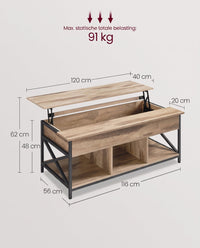 In Hoogte Verstelbare Salontafel met Liftblad en Open Vakken, 60 x 100 x 48-62 cm