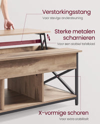 In Hoogte Verstelbare Salontafel met Liftblad en Open Vakken, 60 x 100 x 48-62 cm