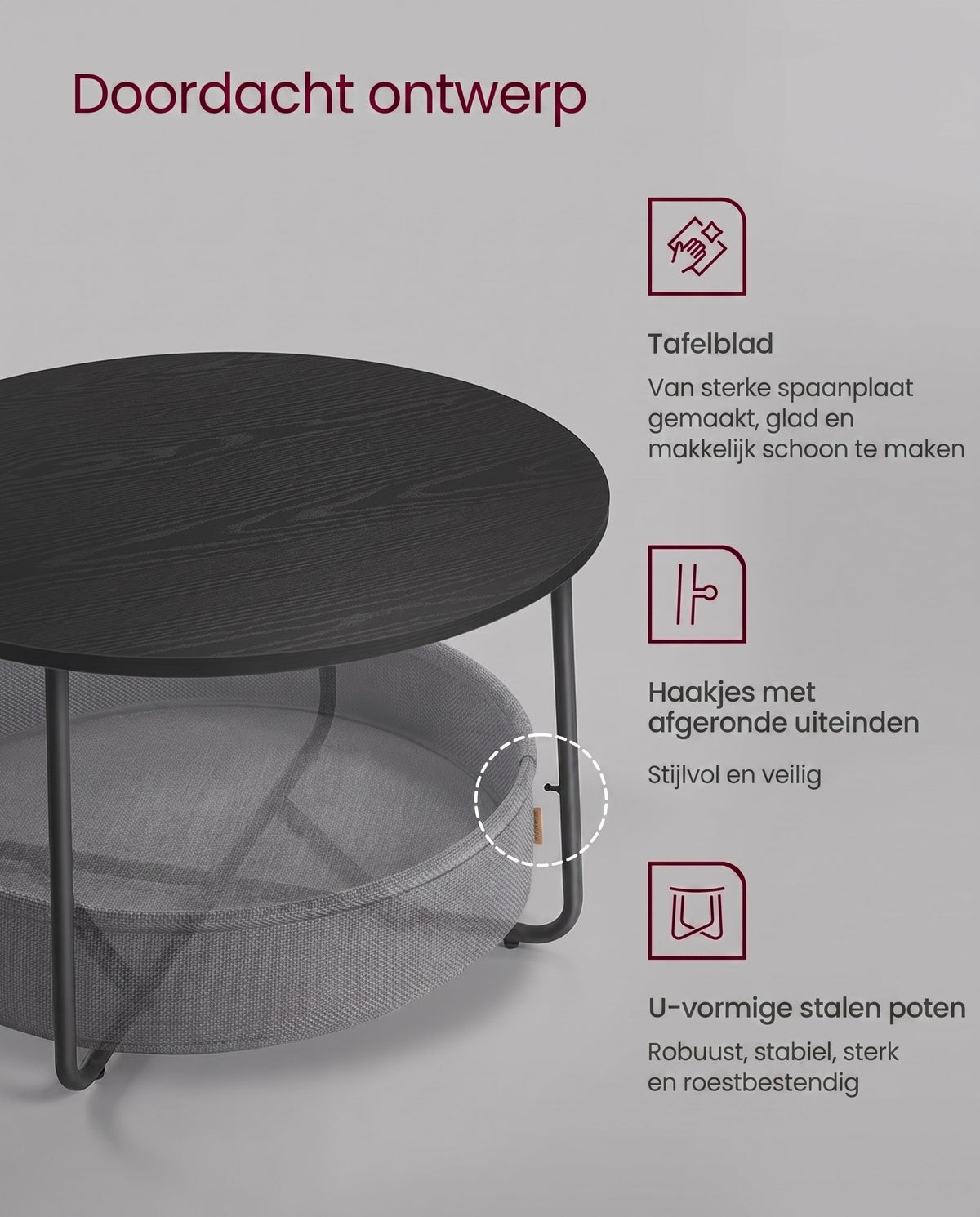 Ronde Salontafel met Stoffen Opbergmand, 75 x 45 cm