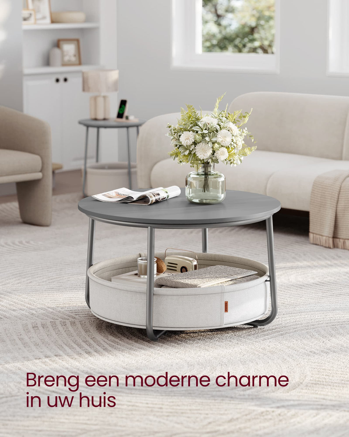 Ronde Salontafel met Stoffen Opbergmand, 75 x 45 cm