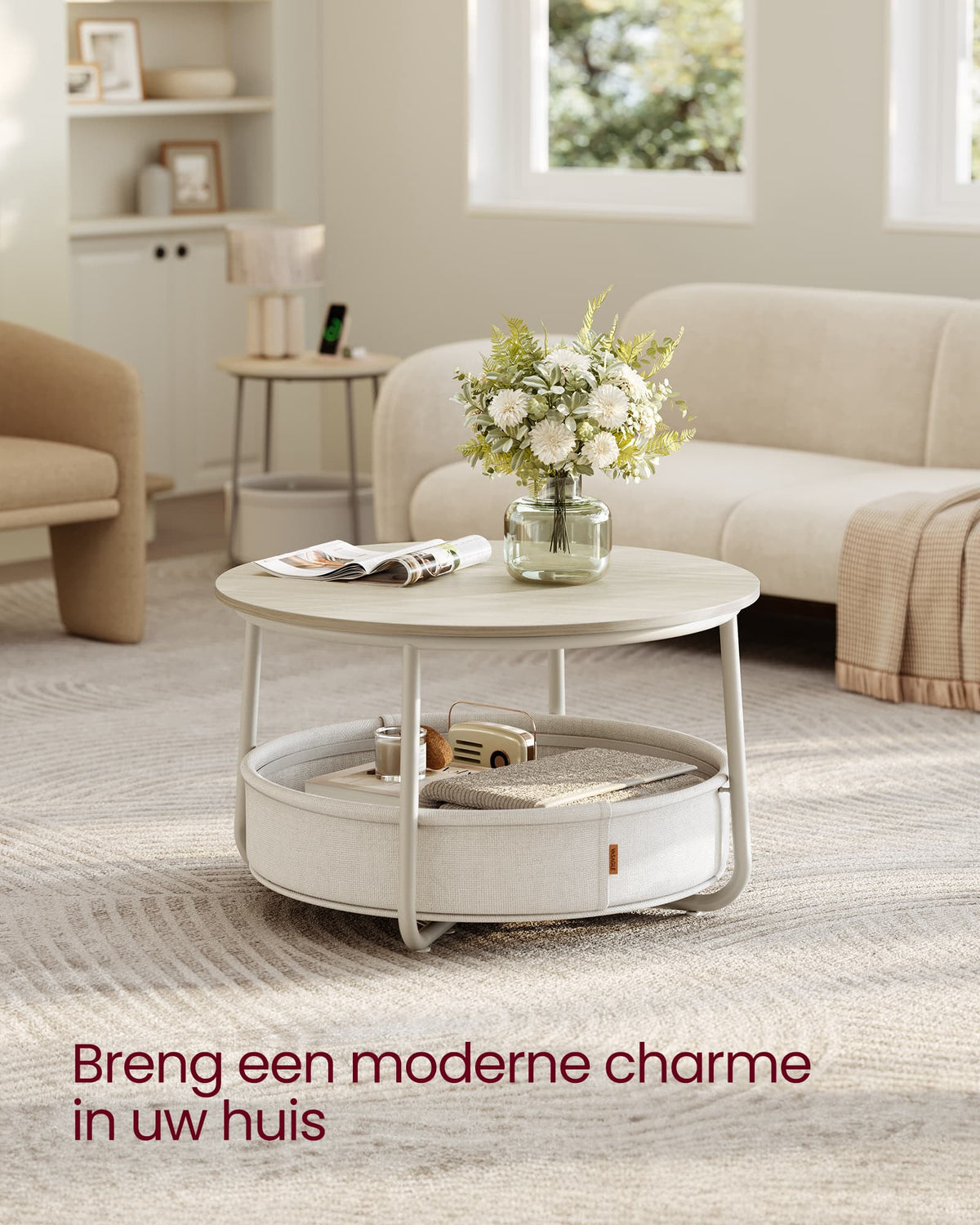 Ronde Salontafel met Stoffen Opbergmand, 75 x 45 cm