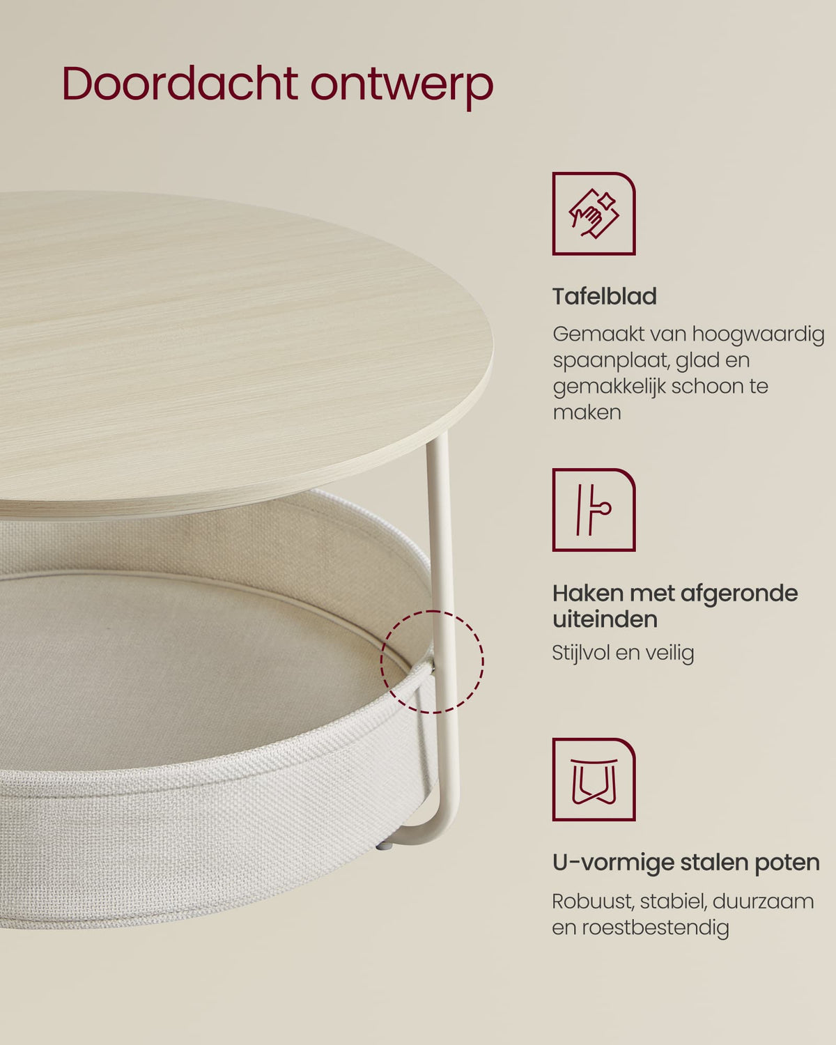 Ronde Salontafel met Stoffen Opbergmand, 75 x 45 cm