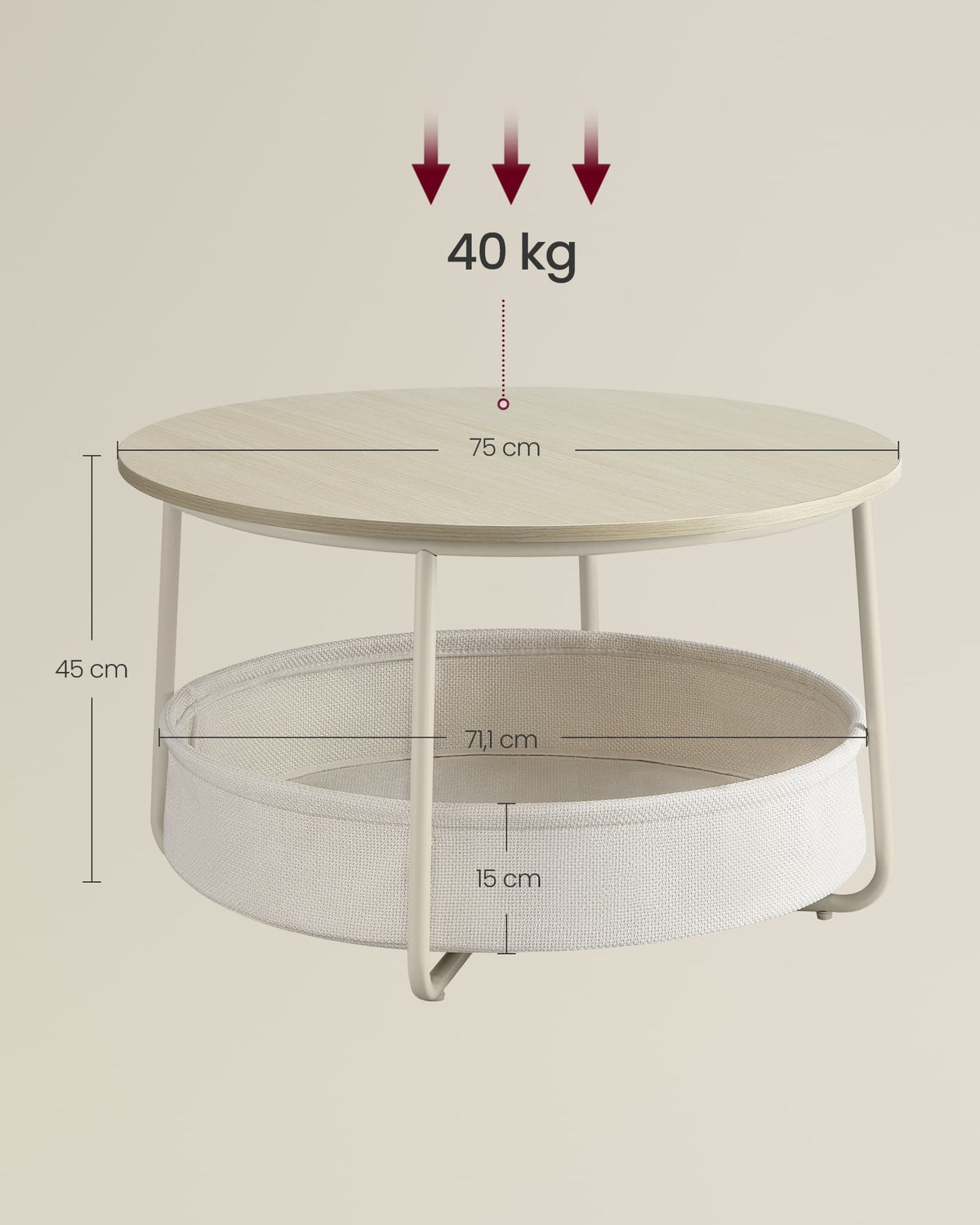 Ronde Salontafel met Stoffen Opbergmand, 75 x 45 cm