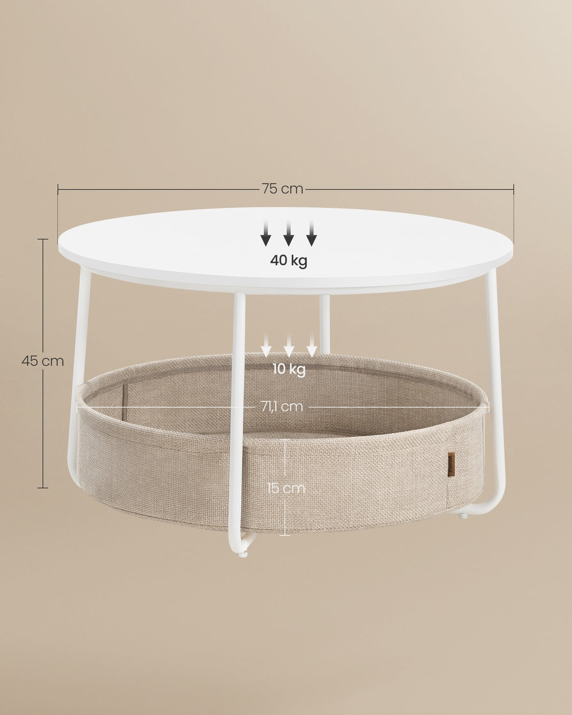 Ronde Salontafel met Stoffen Opbergmand, 75 x 45 cm