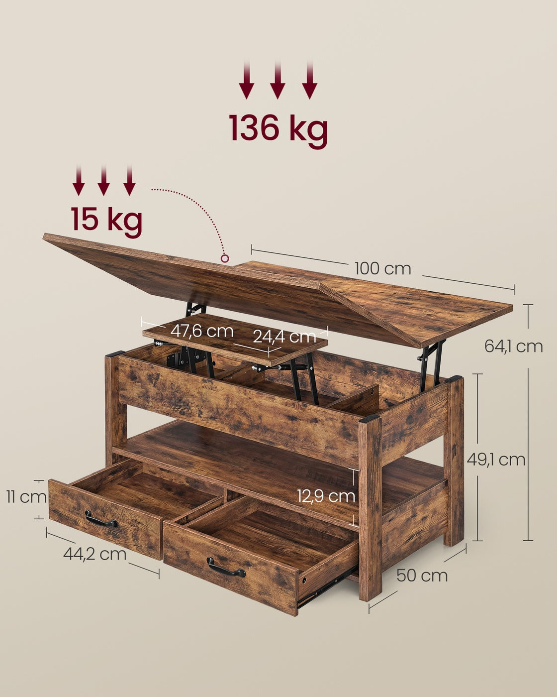 In Hoogte Verstelbare Salontafel met 2 Lades en Verborgen Vakken, 50 x 100 cm
