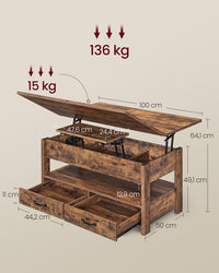 In Hoogte Verstelbare Salontafel met 2 Lades en Verborgen Vakken, 50 x 100 cm