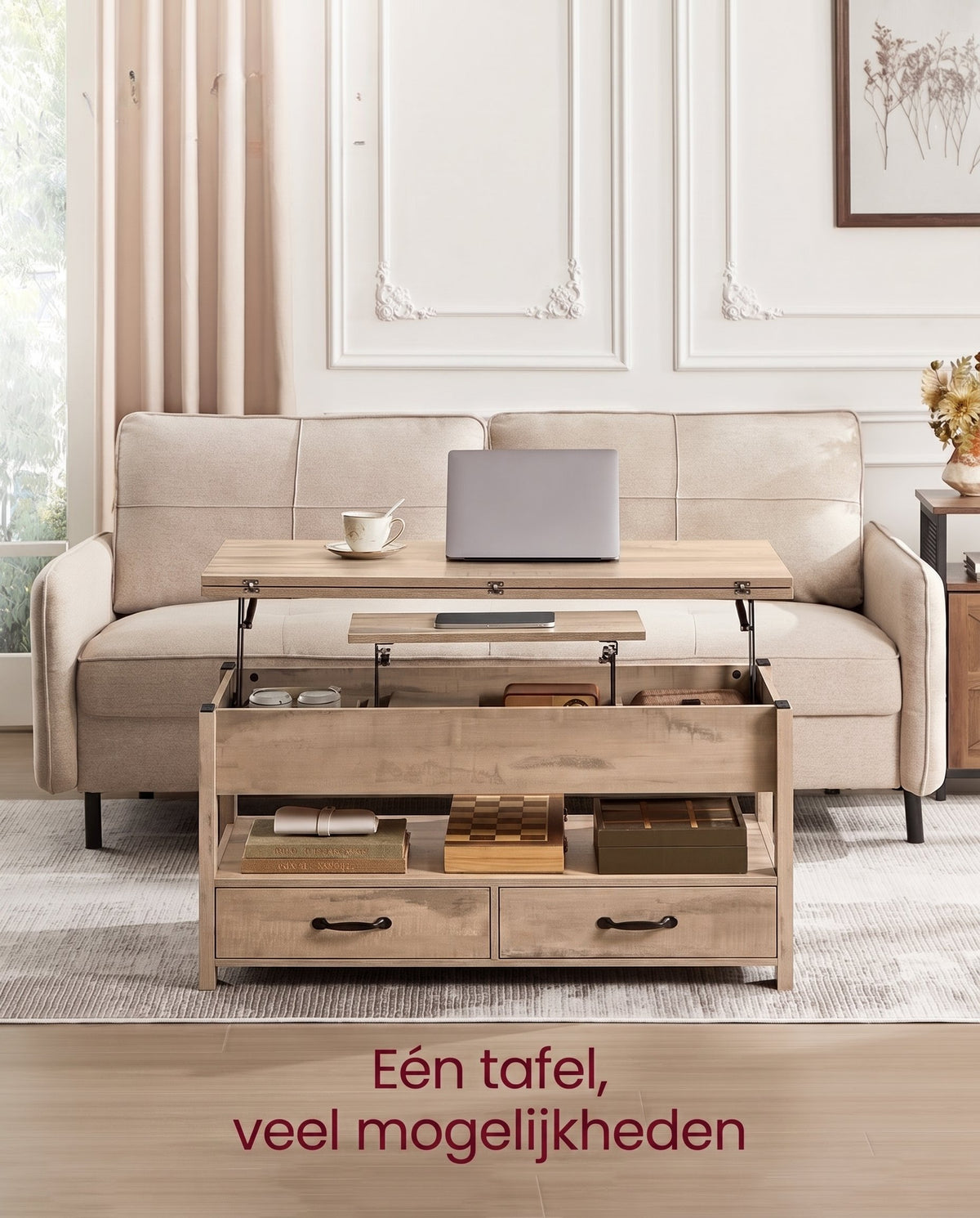 In Hoogte Verstelbare Salontafel met 2 Lades en Verborgen Vakken, 50 x 100 cm