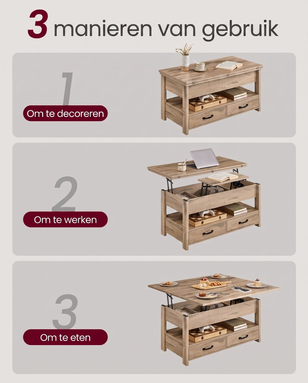In Hoogte Verstelbare Salontafel met 2 Lades en Verborgen Vakken, 50 x 100 cm