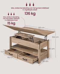 In Hoogte Verstelbare Salontafel met 2 Lades en Verborgen Vakken, 50 x 100 cm