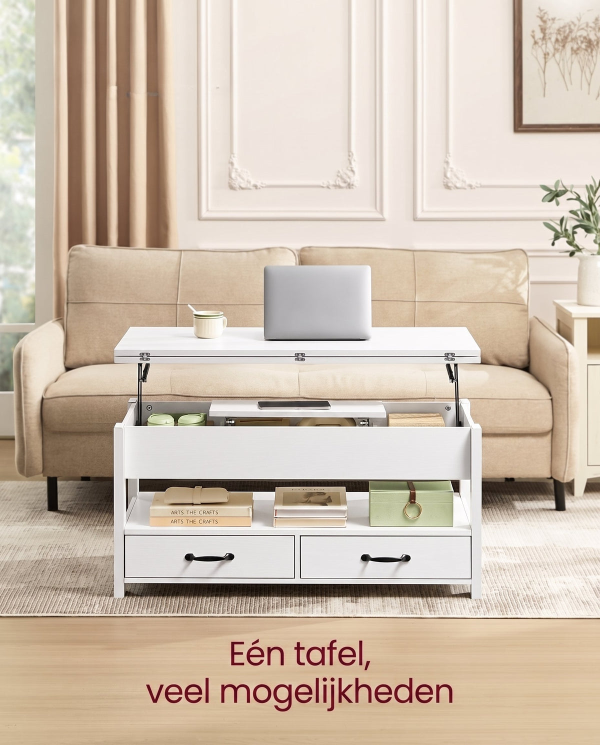 In Hoogte Verstelbare Salontafel met 2 Lades en Verborgen Vakken, 50 x 100 cm