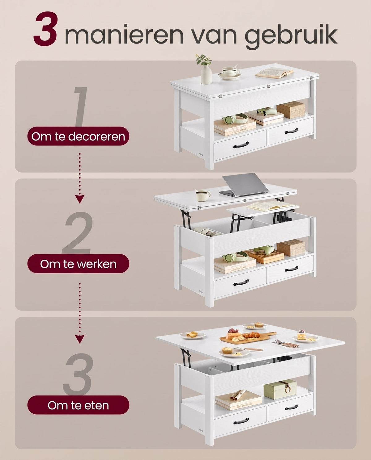 In Hoogte Verstelbare Salontafel met 2 Lades en Verborgen Vakken, 50 x 100 cm