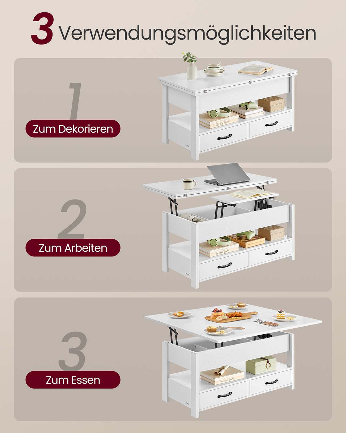 In Hoogte Verstelbare Salontafel met 2 Lades en Verborgen Vakken, 50 x 100 cm
