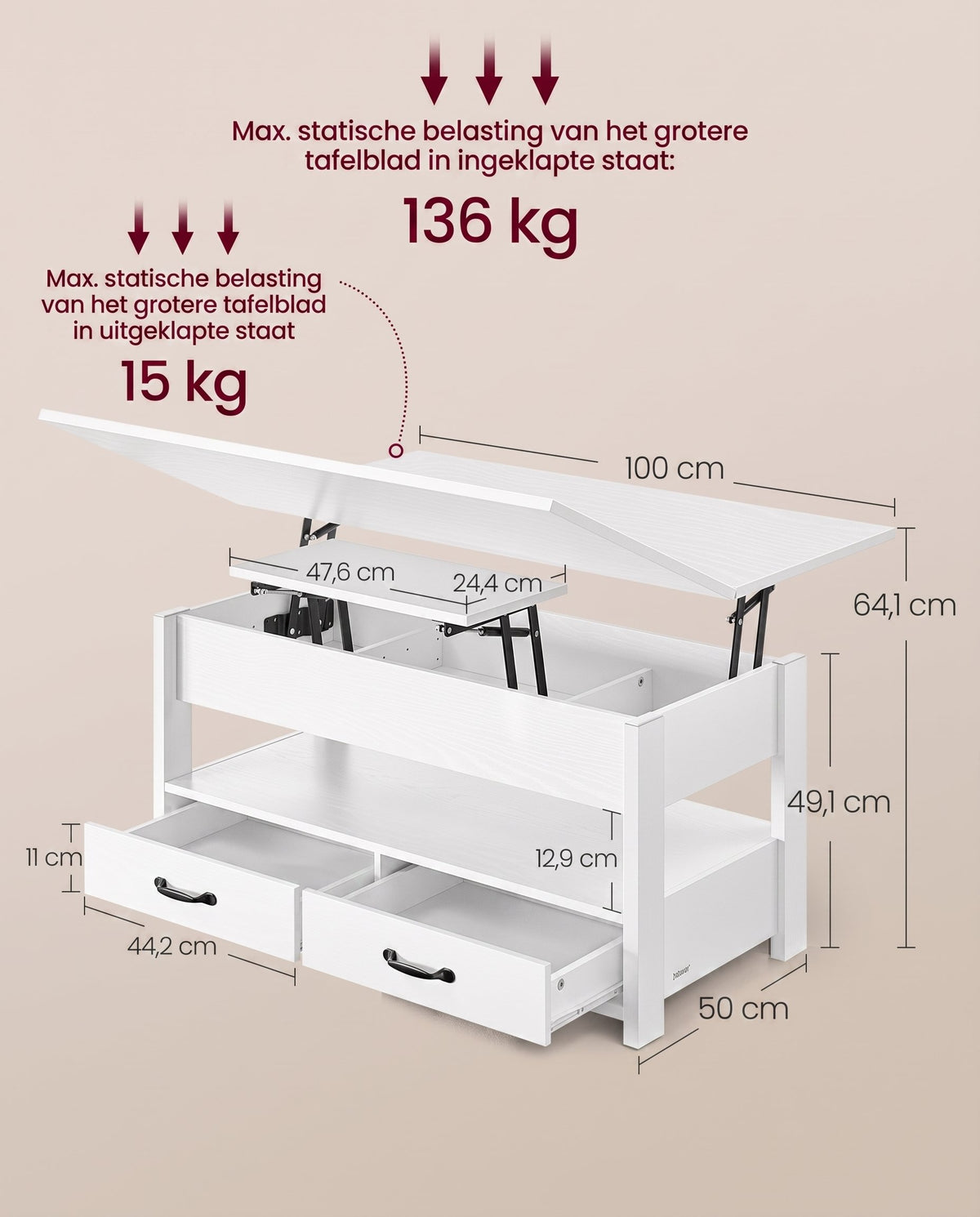 In Hoogte Verstelbare Salontafel met 2 Lades en Verborgen Vakken, 50 x 100 cm