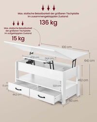 In Hoogte Verstelbare Salontafel met 2 Lades en Verborgen Vakken, 50 x 100 cm
