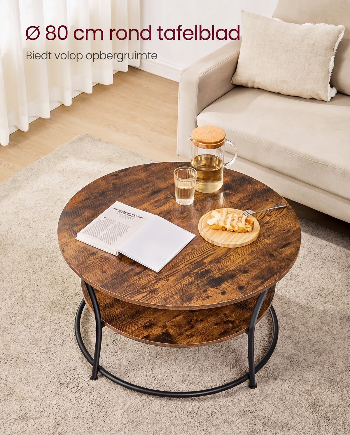 Ronde Salontafel met 2 Planken en Metalen Frame, 80 x 45 cm