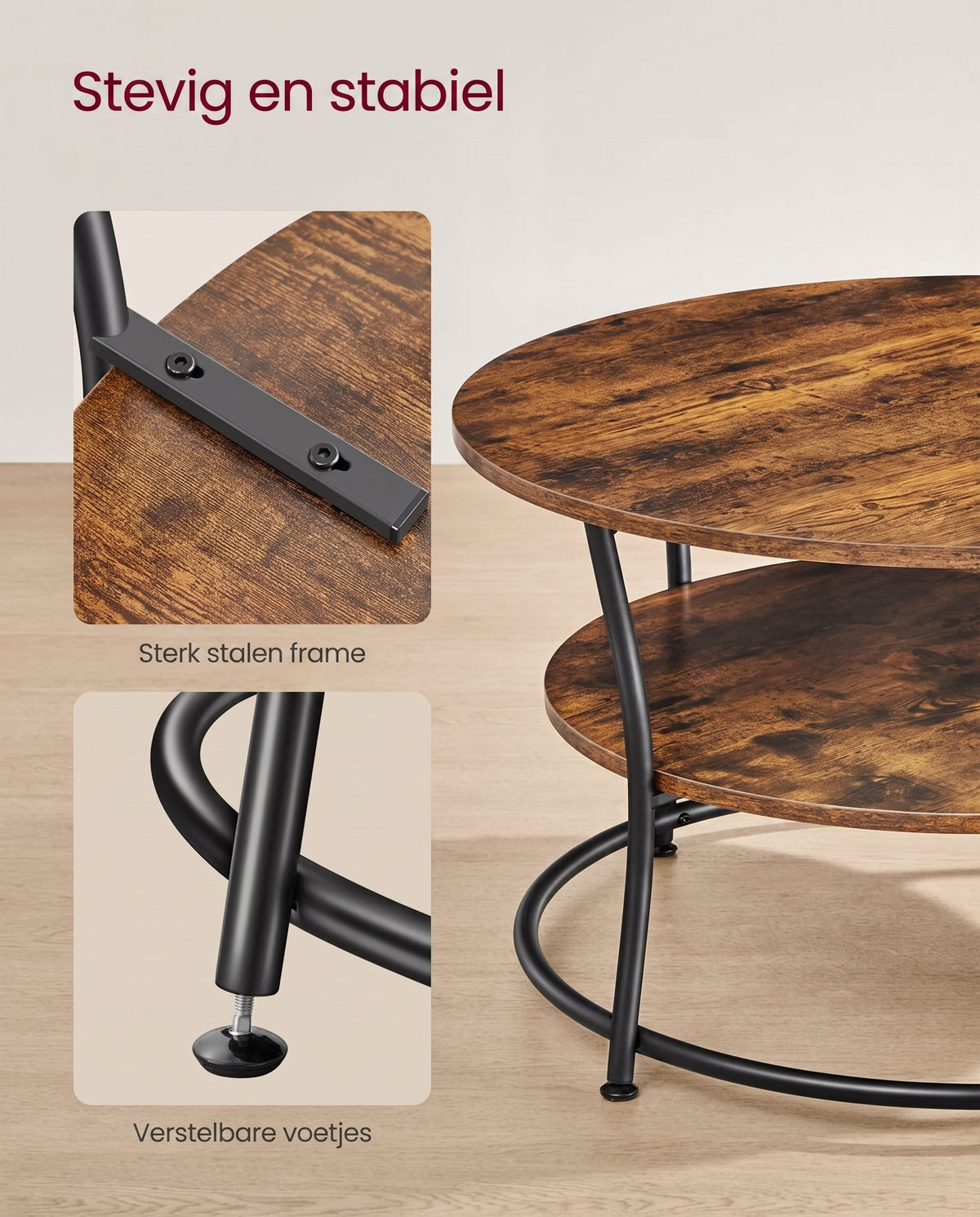 Ronde Salontafel met 2 Planken en Metalen Frame, 80 x 45 cm