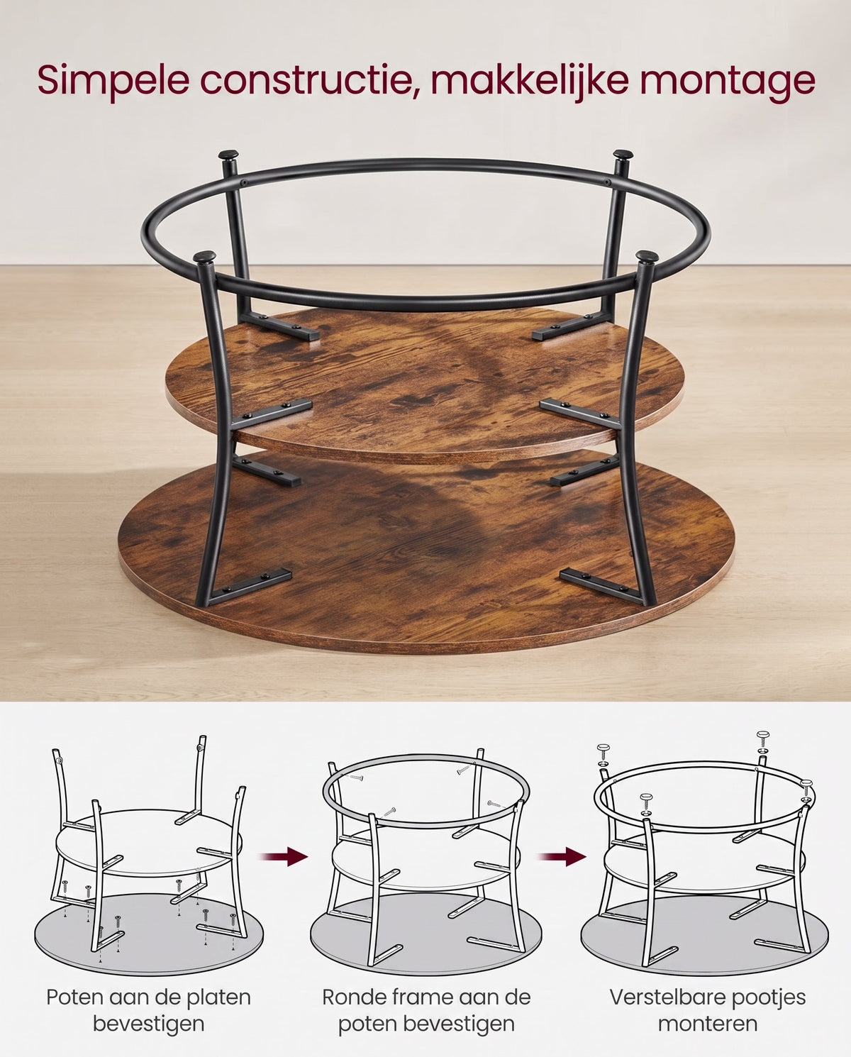 Ronde Salontafel met 2 Planken en Metalen Frame, 80 x 45 cm