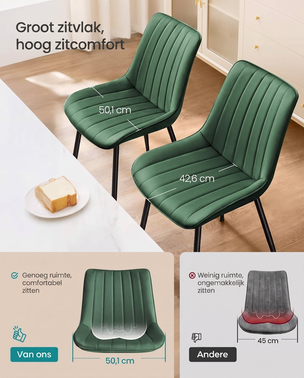 Fluwelen Eetkamerstoelen met Gebogen Rugleuning en Stalen Poten, Set van 2