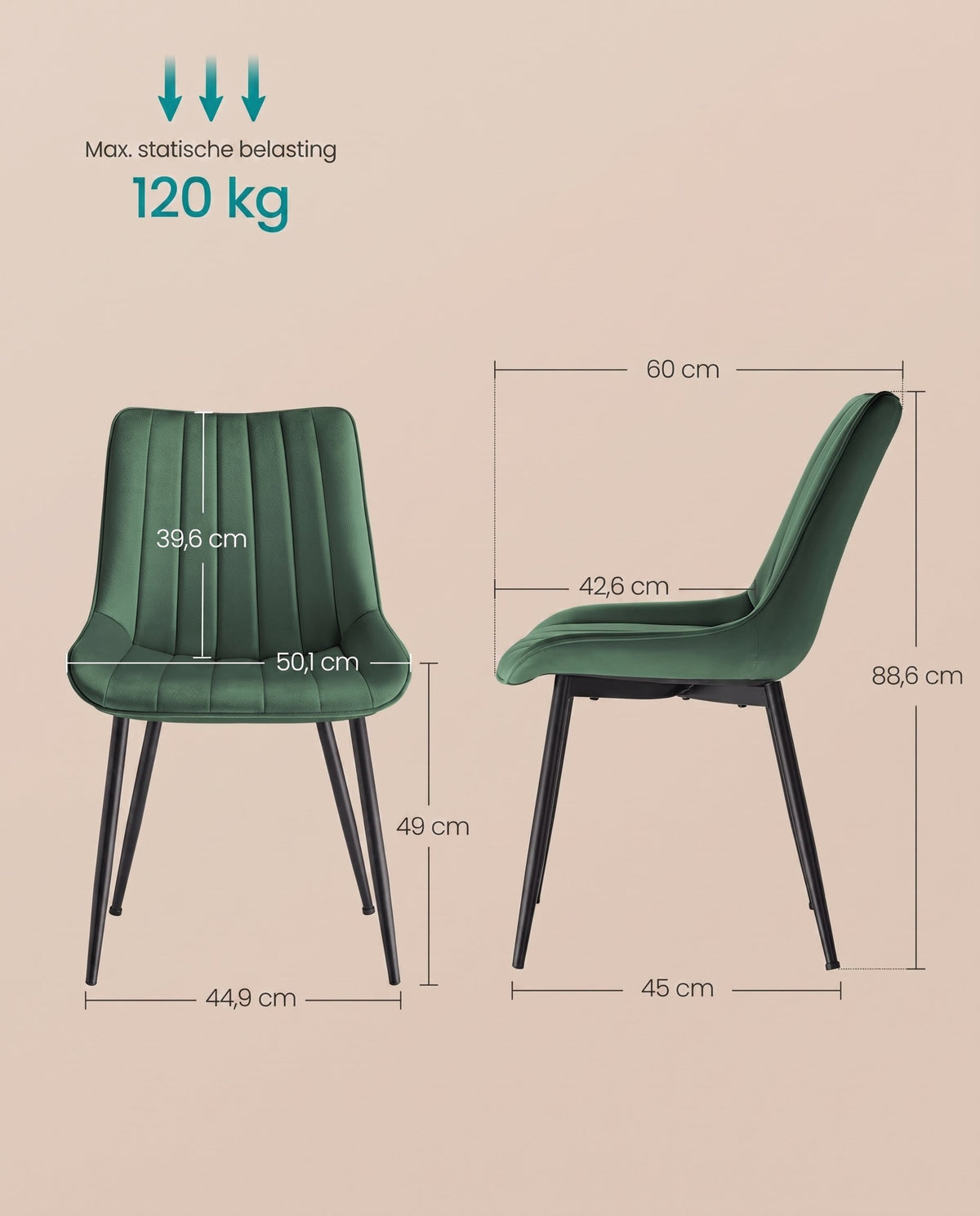 Fluwelen Eetkamerstoelen met Gebogen Rugleuning en Stalen Poten, Set van 2
