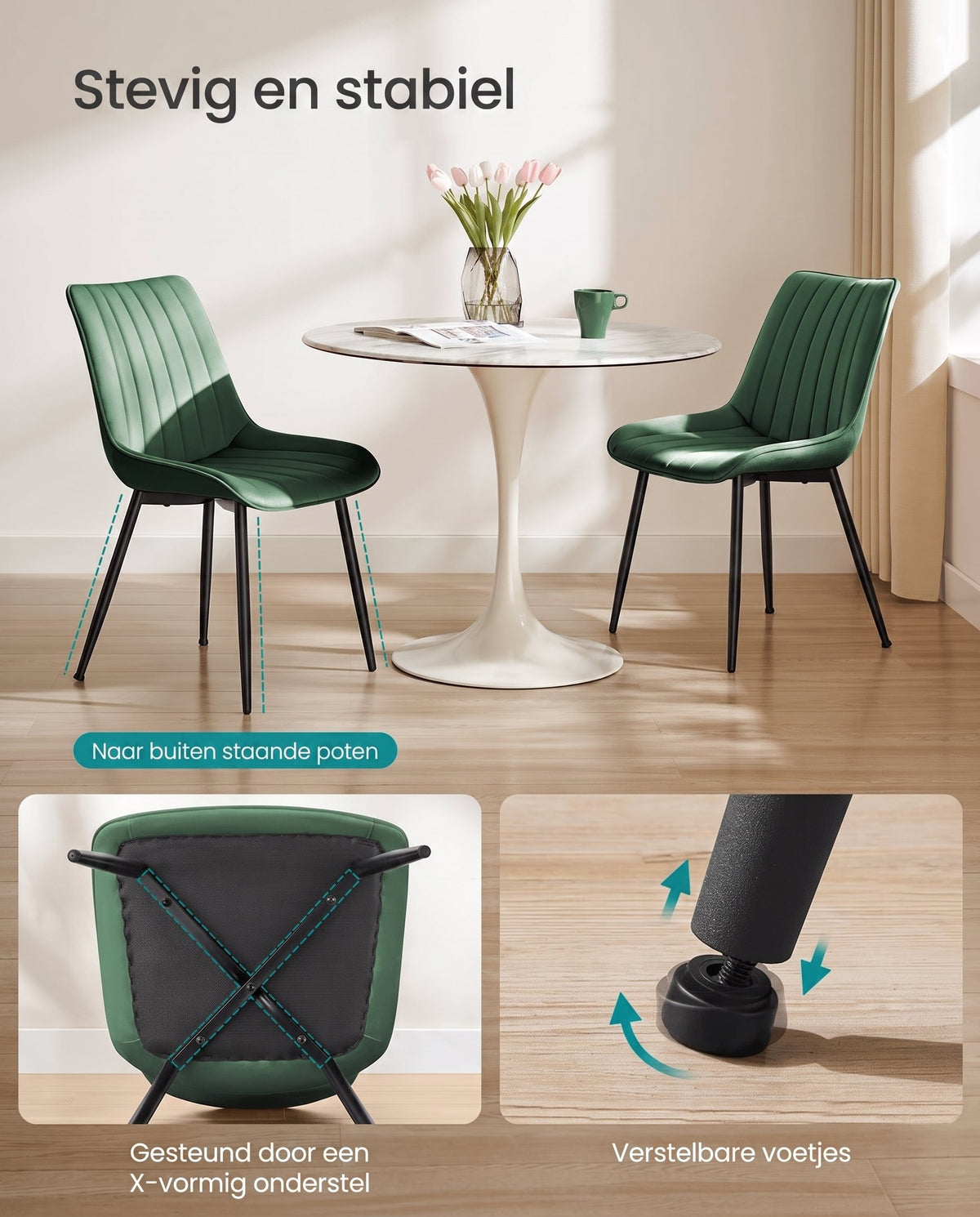 Fluwelen Eetkamerstoelen met Gebogen Rugleuning en Stalen Poten, Set van 2