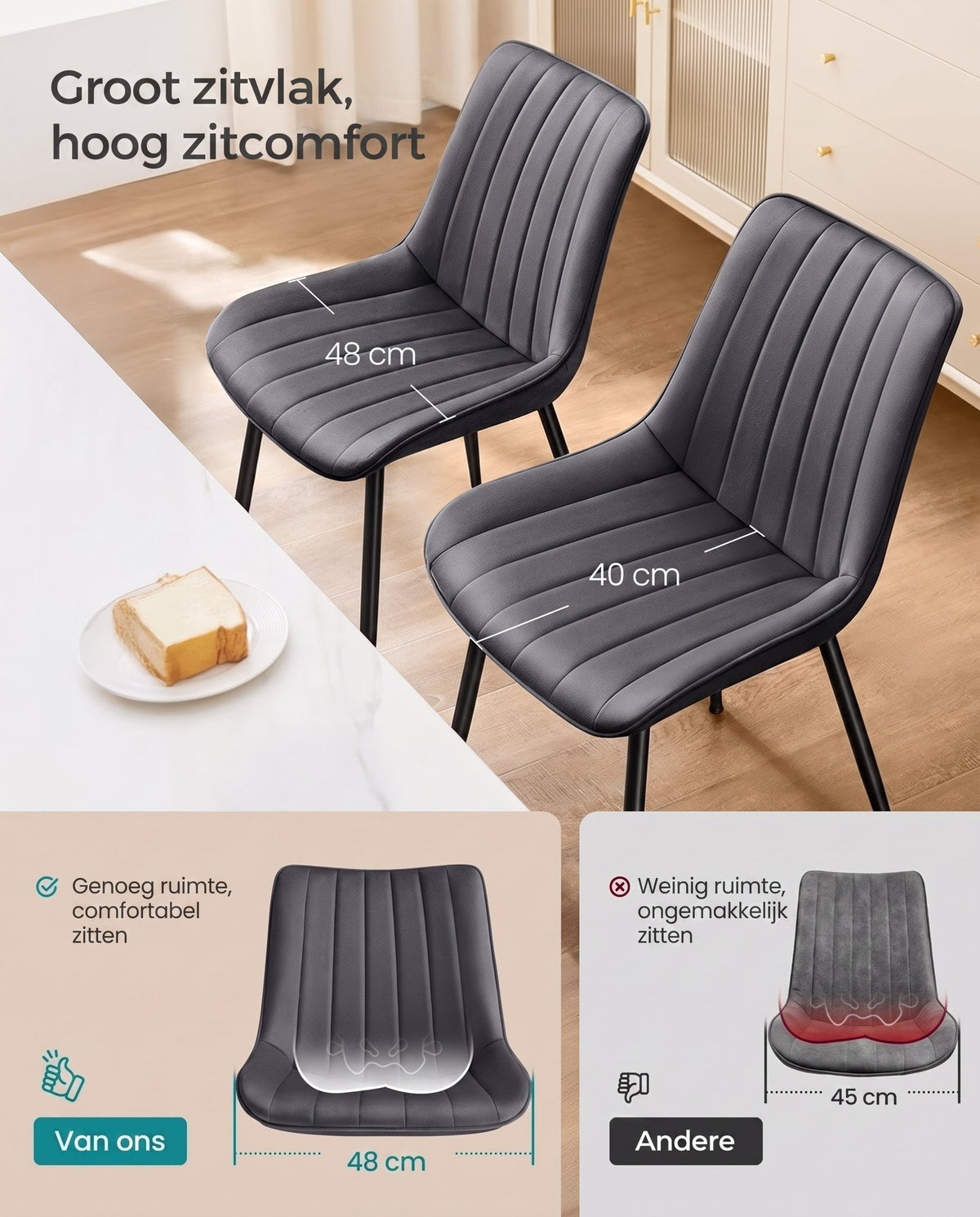 Fluwelen Eetkamerstoelen met Gebogen Rugleuning en Stalen Poten, Set van 2