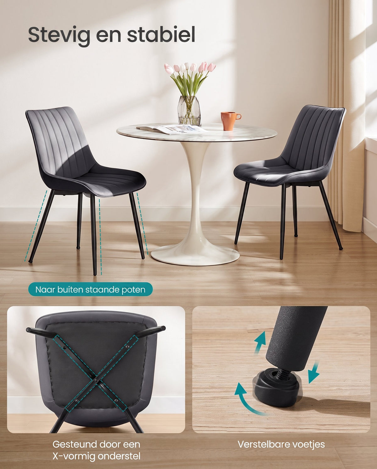 Fluwelen Eetkamerstoelen met Gebogen Rugleuning en Stalen Poten, Set van 2
