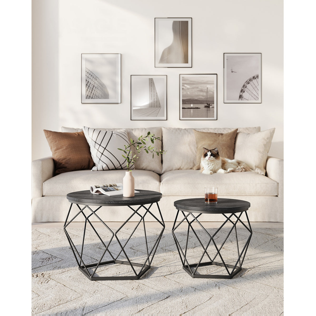 Ronde Salontafels met Geometrisch Metalen Frame, Set van 2