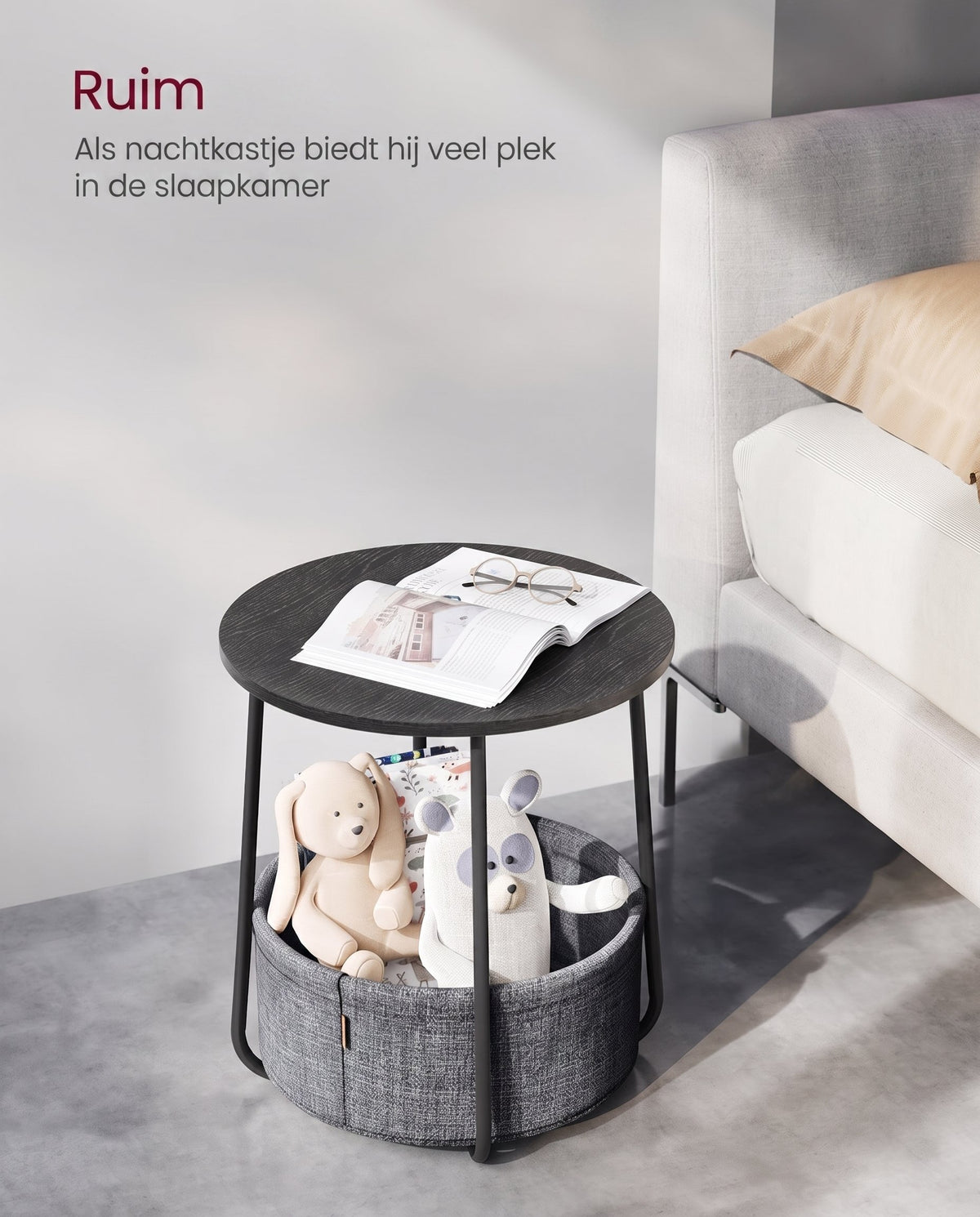 Ronde Bijzettafel met Stoffen Mand, Ø 45 x 50 cm