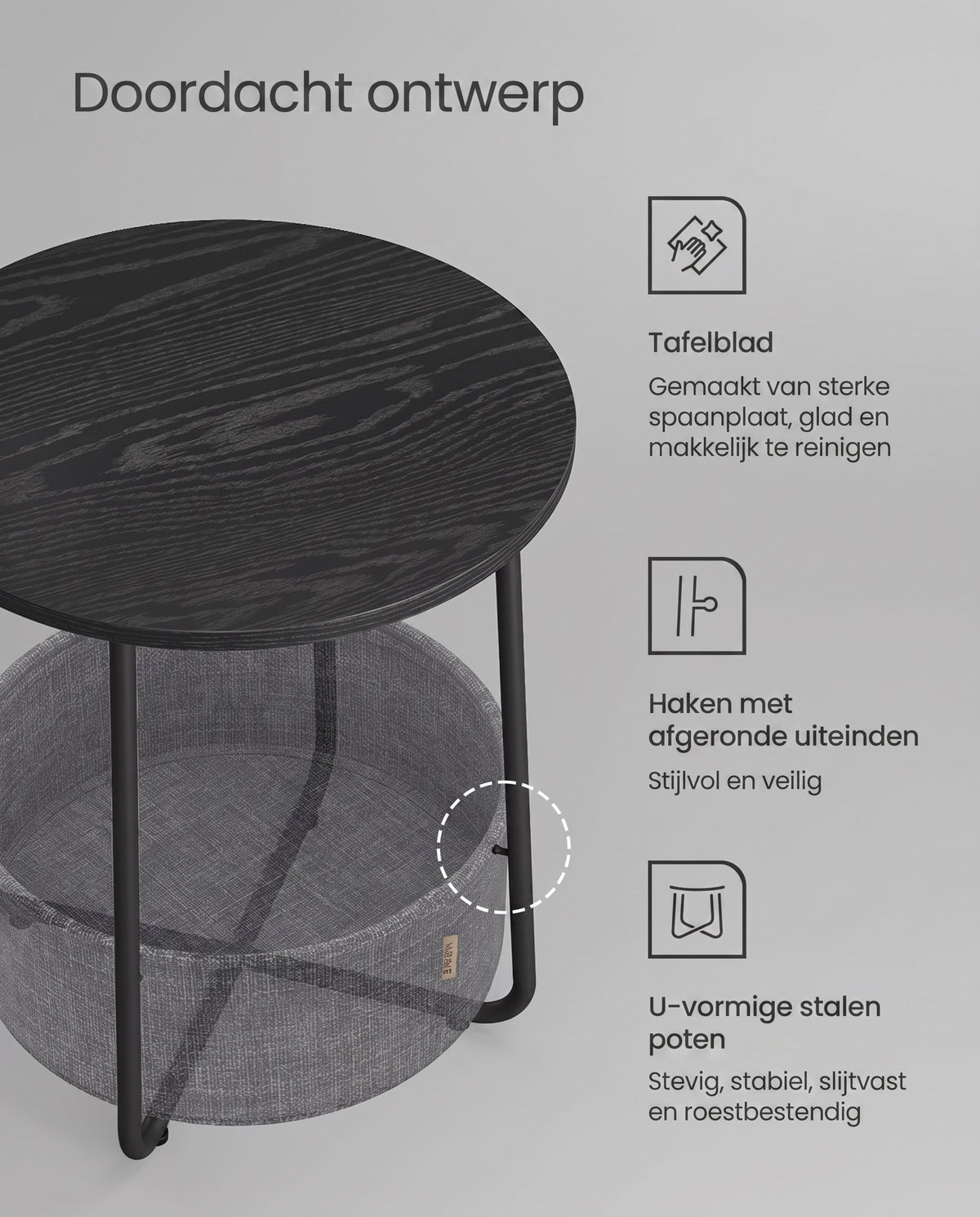 Ronde Bijzettafel met Stoffen Mand, Ø 45 x 50 cm