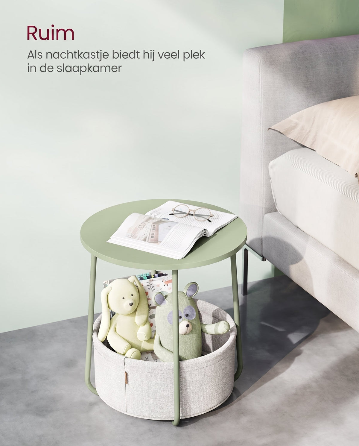 Ronde Bijzettafel met Stoffen Mand, Ø 45 x 50 cm