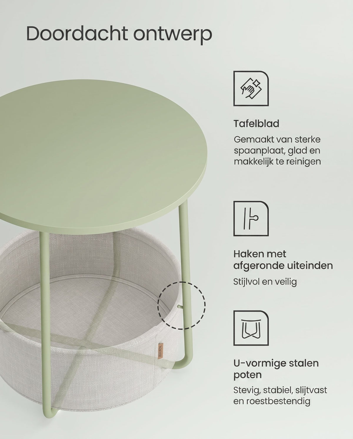 Ronde Bijzettafel met Stoffen Mand, Ø 45 x 50 cm
