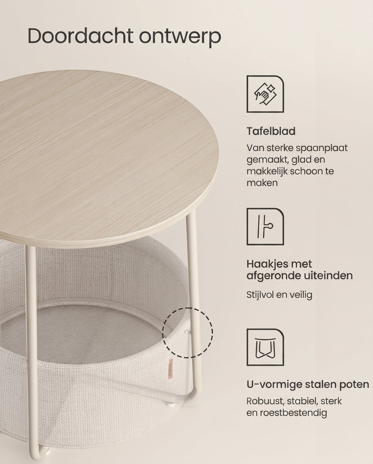 Ronde Bijzettafel met Stoffen Mand, Ø 45 x 50 cm