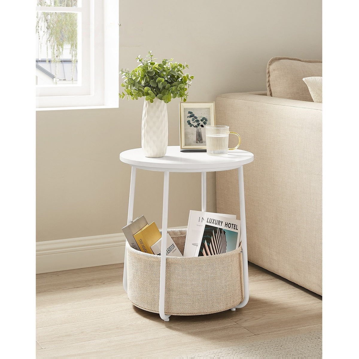 Ronde Bijzettafel met Stoffen Mand, Ø 45 x 50 cm