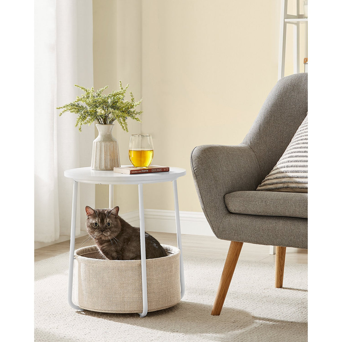 Ronde Bijzettafel met Stoffen Mand, Ø 45 x 50 cm