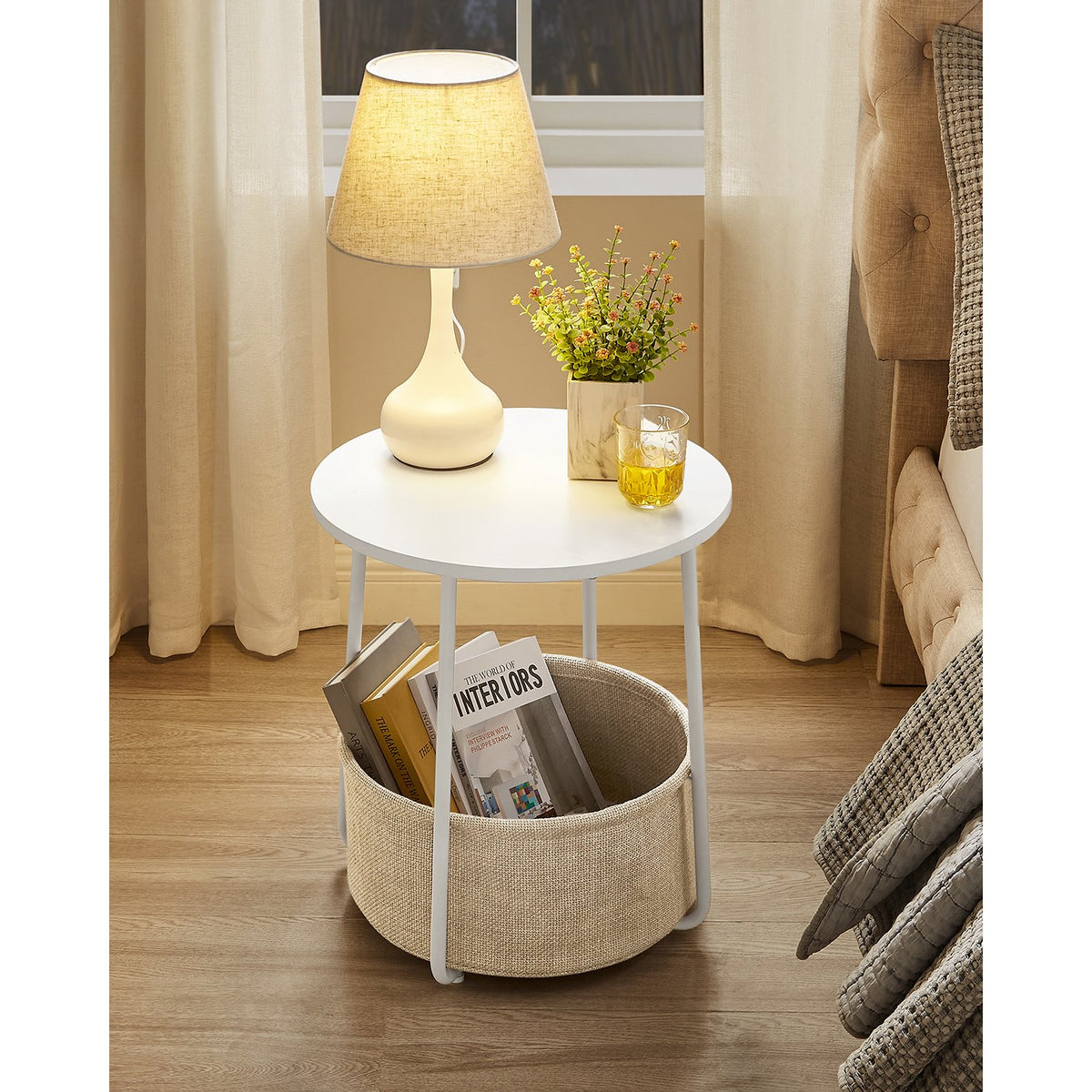 Ronde Bijzettafel met Stoffen Mand, Ø 45 x 50 cm