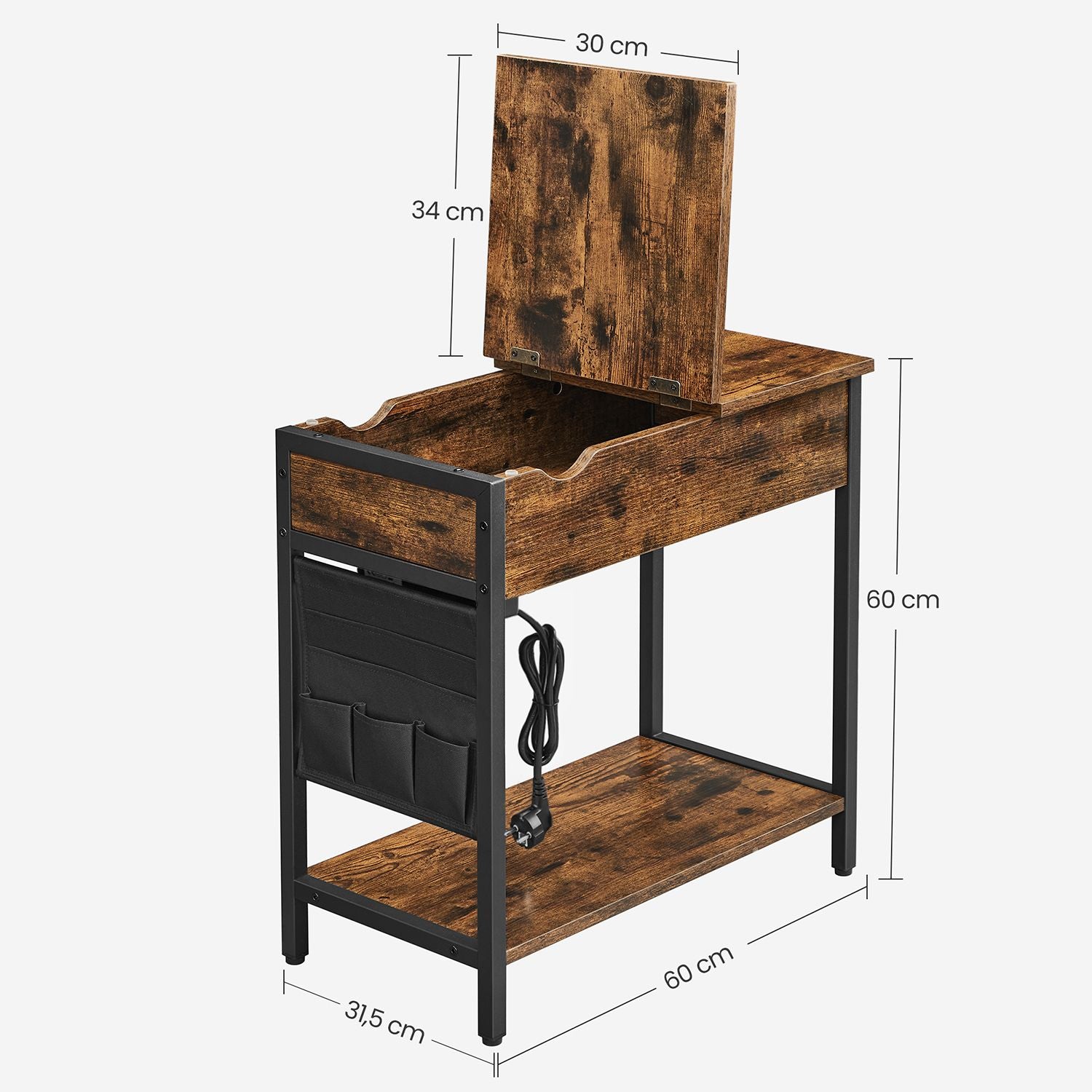 Bijzettafel met Stopcontacten, Opklapbaar Blad en Stoffen Organizer