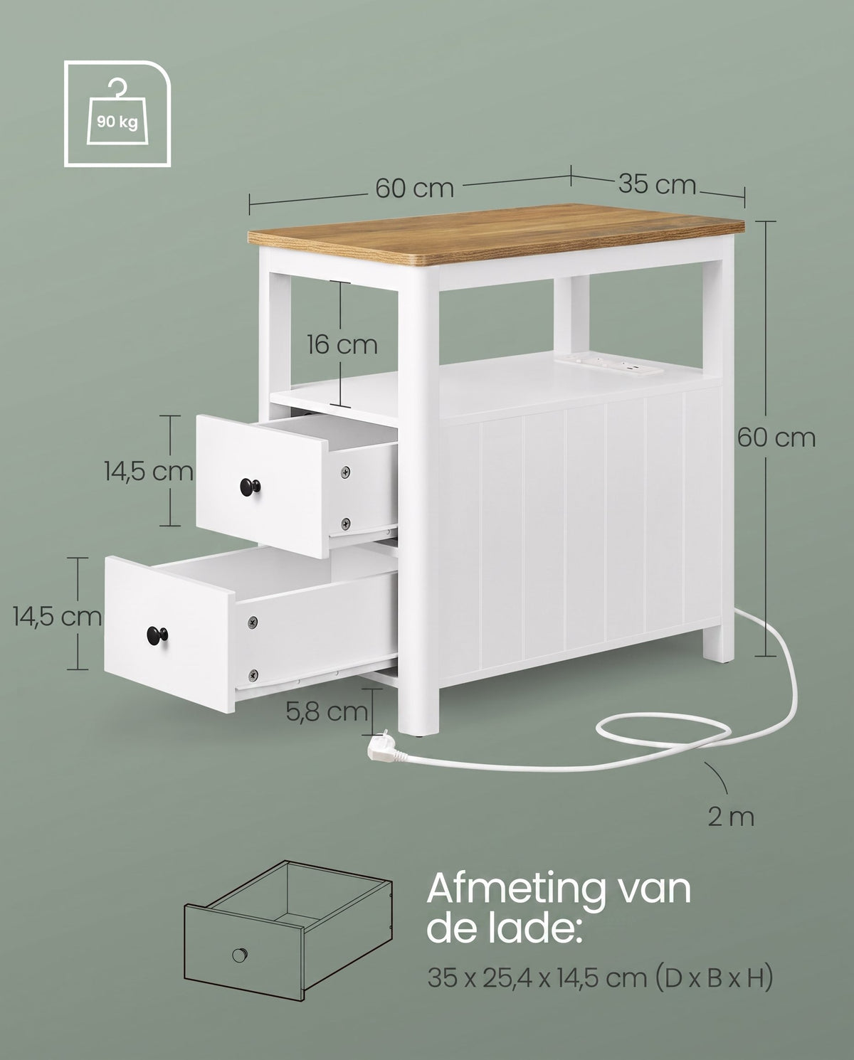 Smalle Bijzettafel met Stekkerdoos en 2 Lades, 60 x 35 x 60 cm