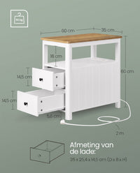 Smalle Bijzettafel met Stekkerdoos en 2 Lades, 60 x 35 x 60 cm