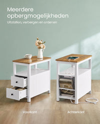 Smalle Bijzettafel met Stekkerdoos en 2 Lades, 60 x 35 x 60 cm