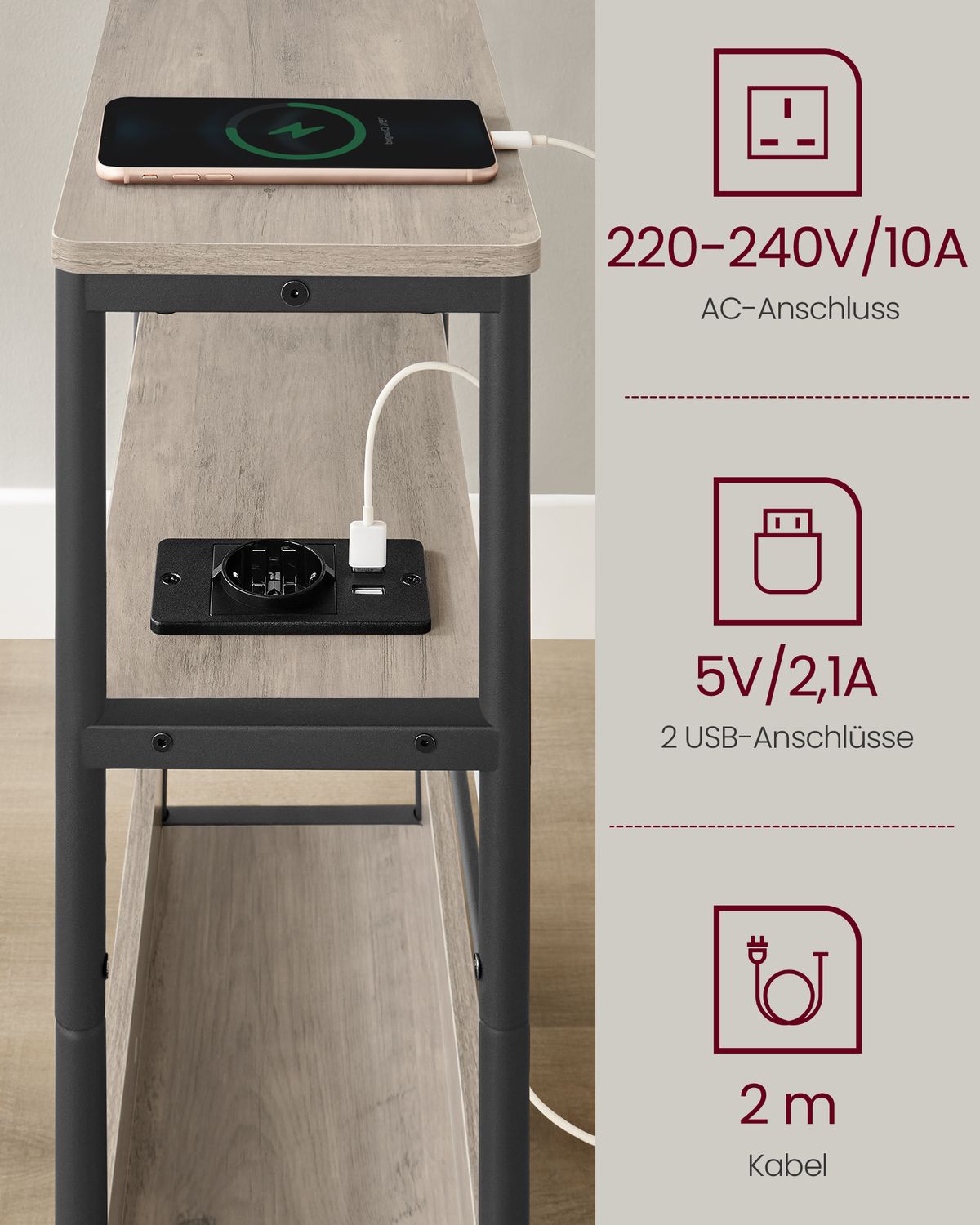 Smalle Bijzettafel met 3 Planken en Oplaadfunctie