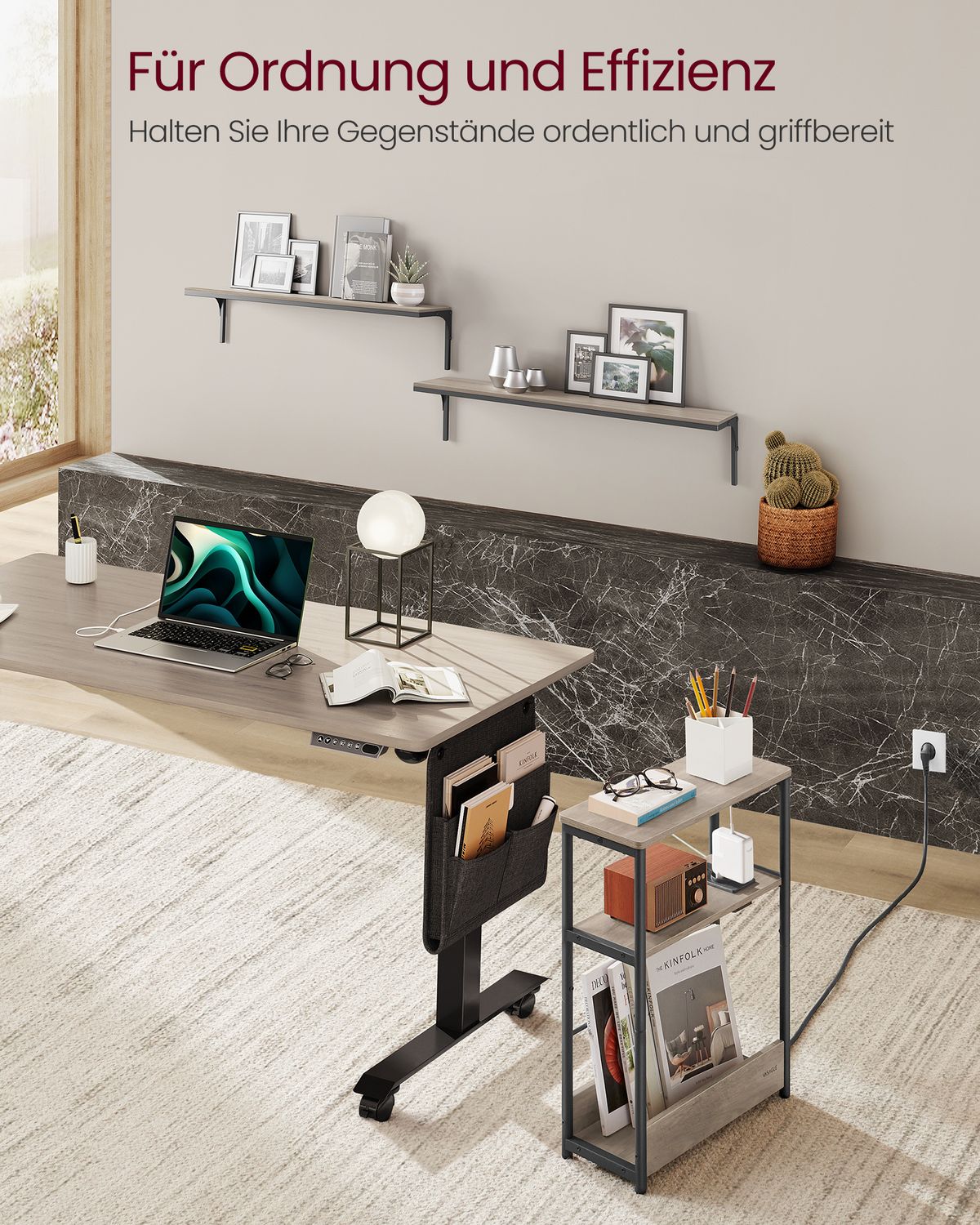 Smalle Bijzettafel met 3 Planken en Oplaadfunctie