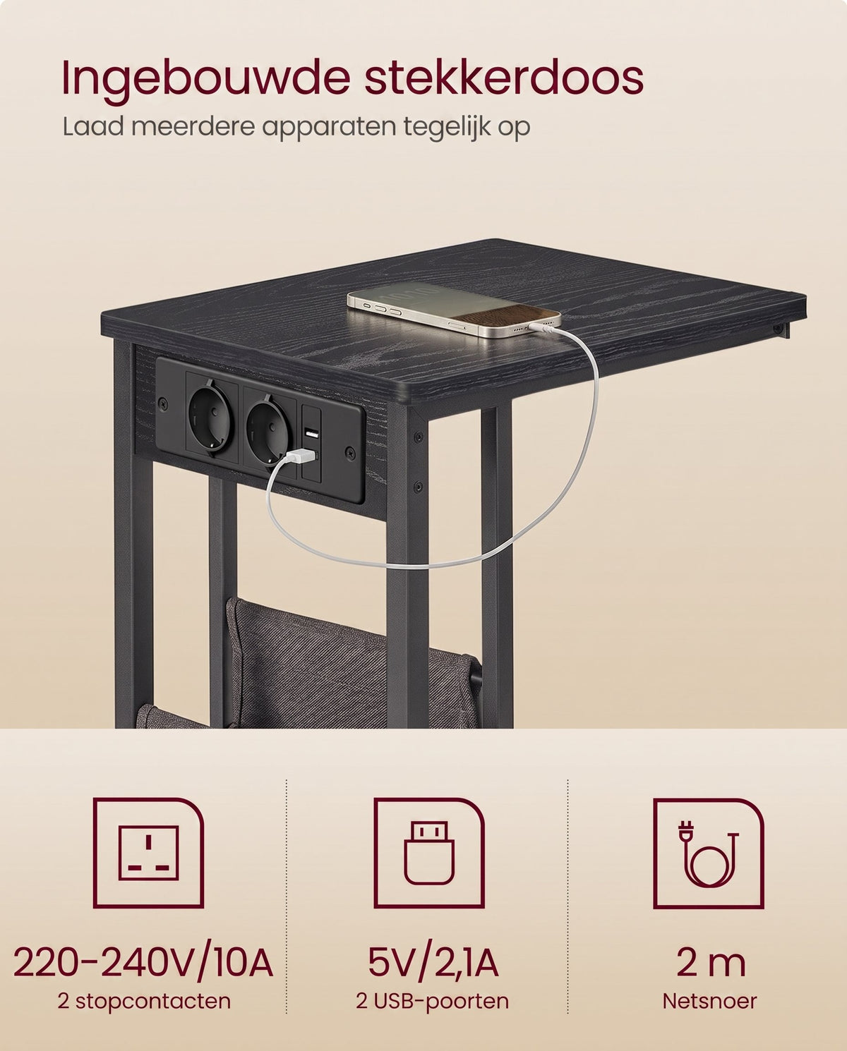 Bijzettafel in C-vorm met 2 Stopcontacten, 2 USB-poorten en Opbergtas, 30 x 40 x 62 cm
