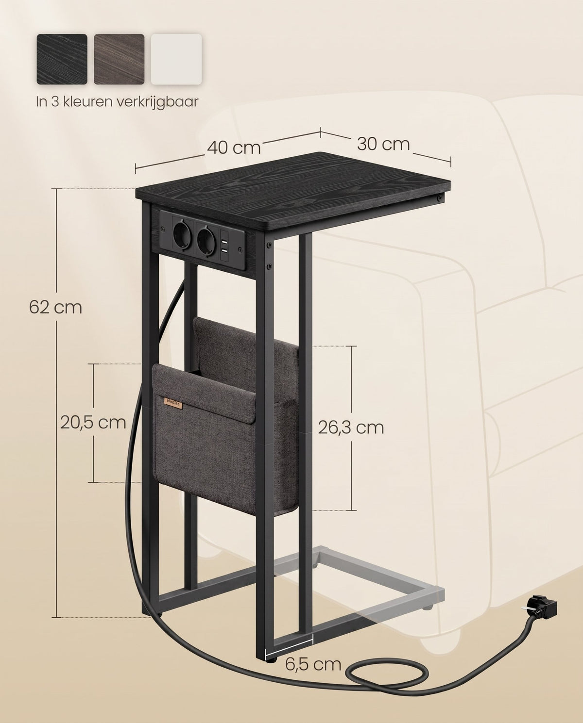 Bijzettafel in C-vorm met 2 Stopcontacten, 2 USB-poorten en Opbergtas, 30 x 40 x 62 cm