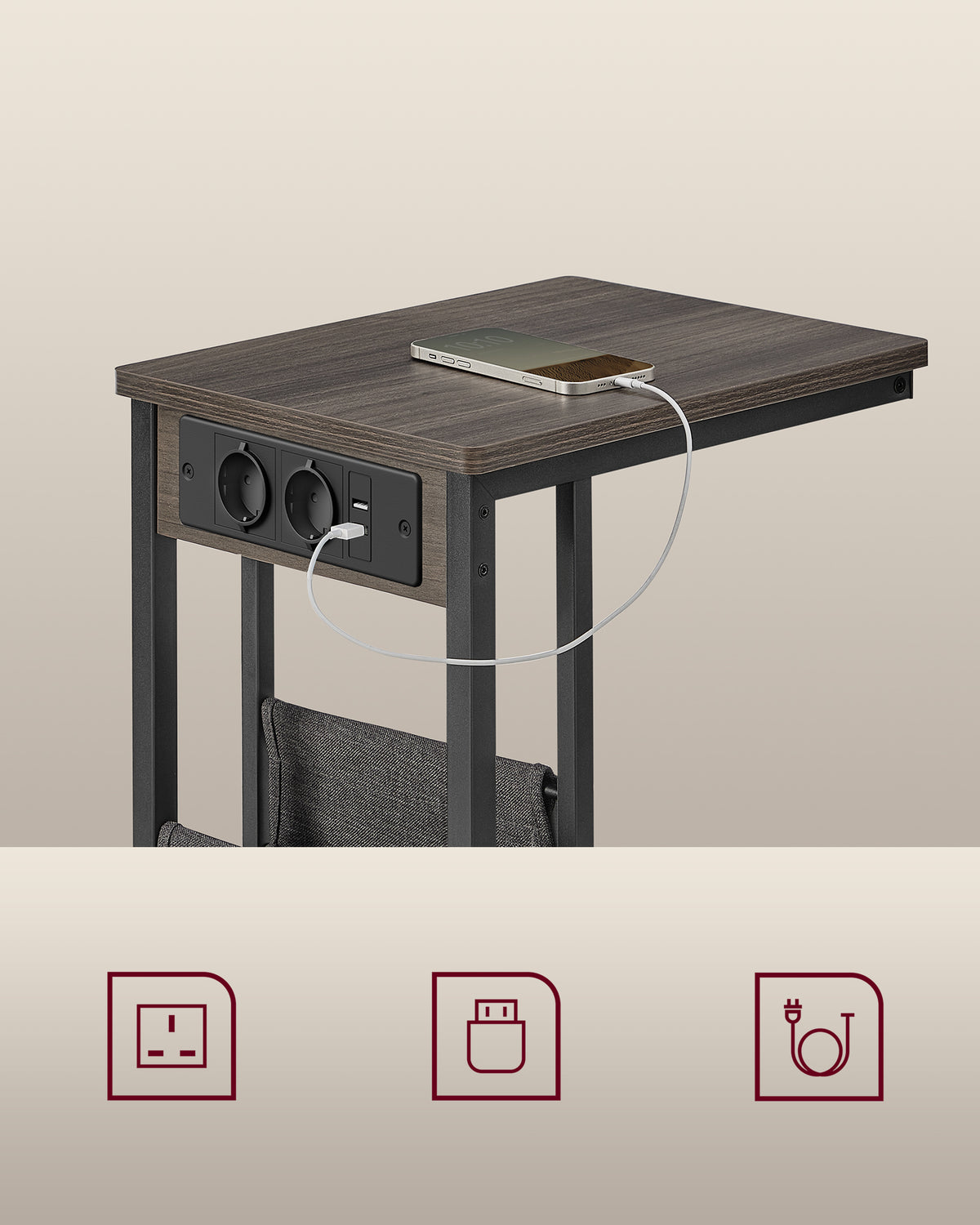 Bijzettafel in C-vorm met 2 Stopcontacten, 2 USB-poorten en Opbergtas, 30 x 40 x 62 cm