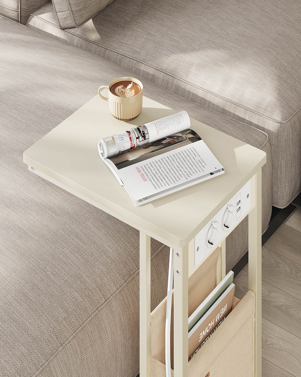 Bijzettafel in C-vorm met 2 Stopcontacten, 2 USB-poorten en Opbergtas, 30 x 40 x 62 cm