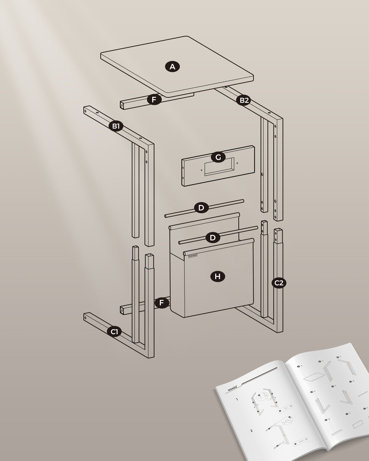 Bijzettafel in C-vorm met 2 Stopcontacten, 2 USB-poorten en Opbergtas, 30 x 40 x 62 cm
