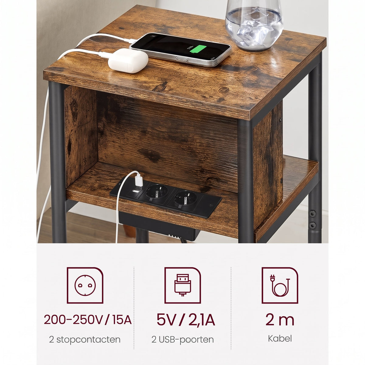 Smal Nachtkastje met Stopcontact, 2 USB-poorten en 3 Niveaus, 30 x 34 x 58 cm