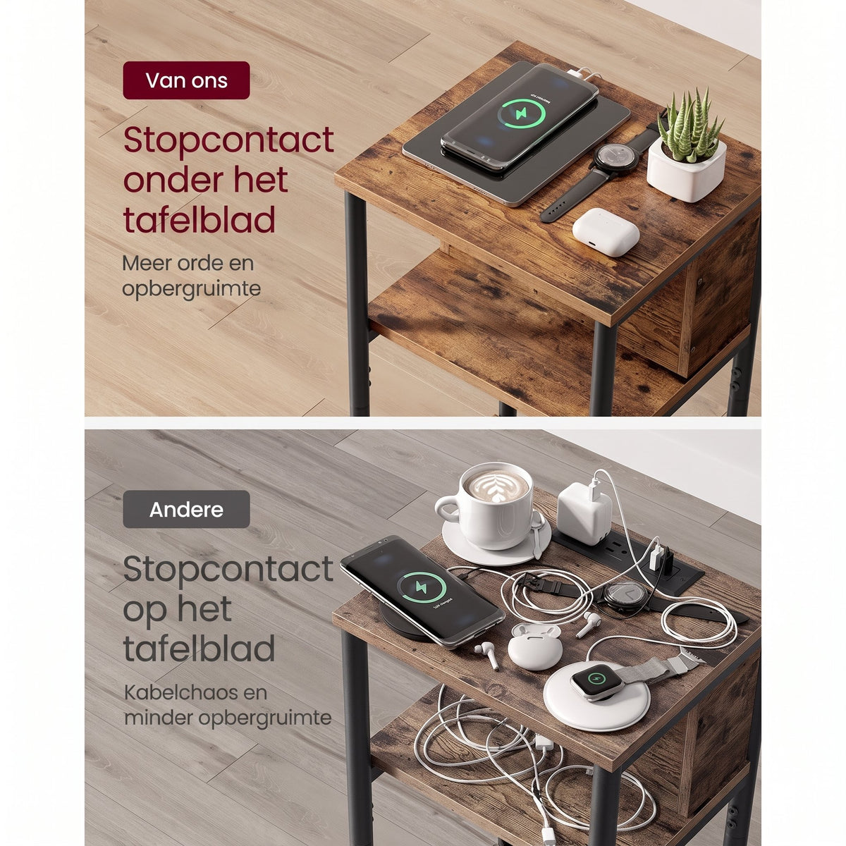 Smal Nachtkastje met Stopcontact, 2 USB-poorten en 3 Niveaus, 30 x 34 x 58 cm