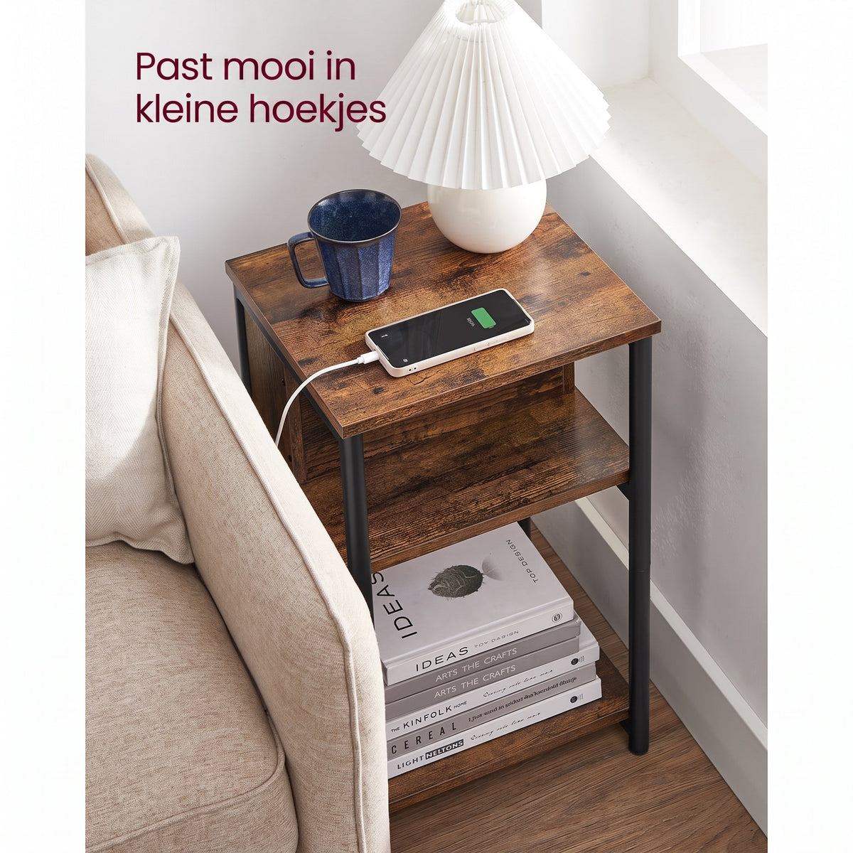 Smal Nachtkastje met Stopcontact, 2 USB-poorten en 3 Niveaus, 30 x 34 x 58 cm