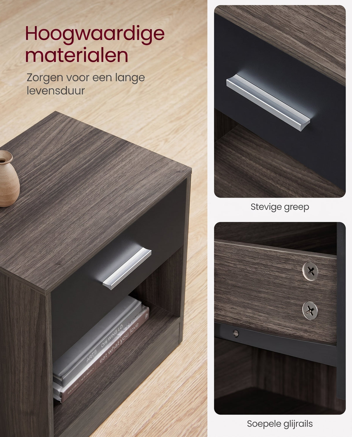 Nachtkastje met Lade en Open Vak, Bijzettafel voor Slaapkamer, 28 x 39 x 41 cm